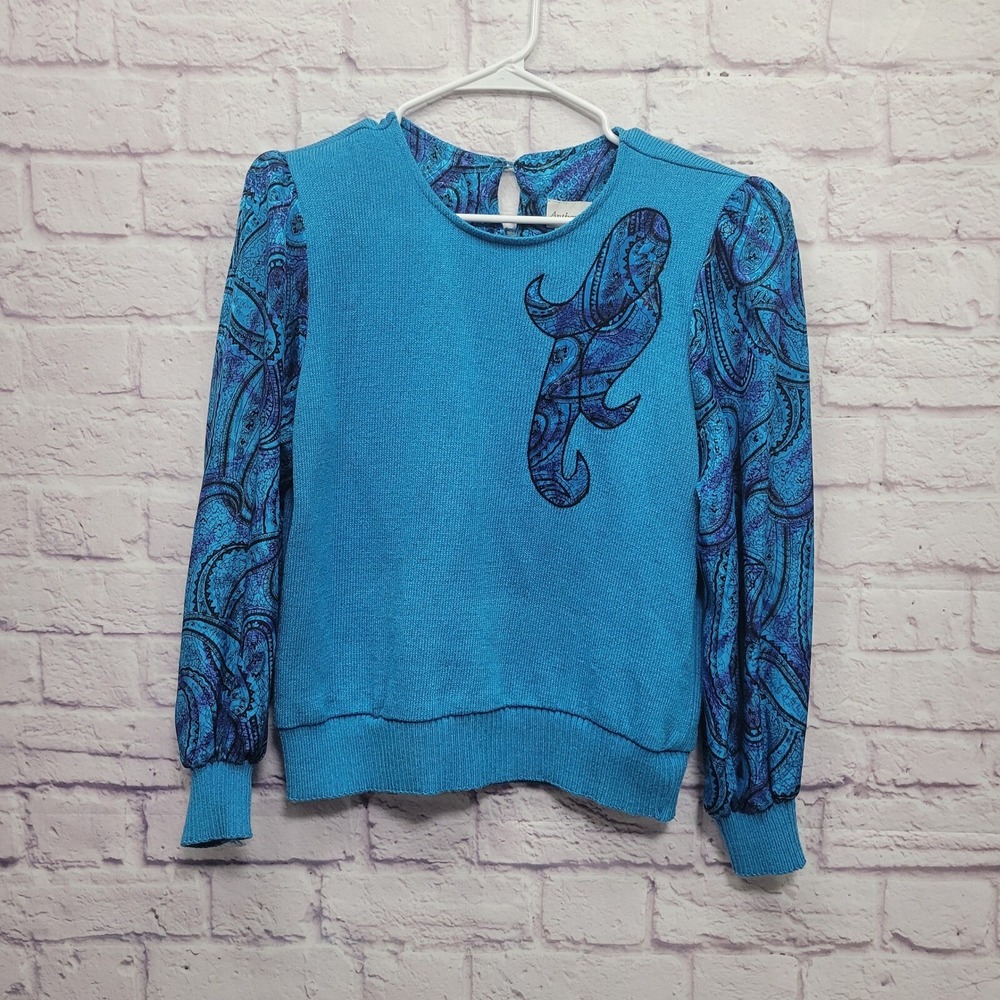 Vintage 80s Anthony Sicari Petites Turquoise Sweater Size 14 Paisley Sleeves